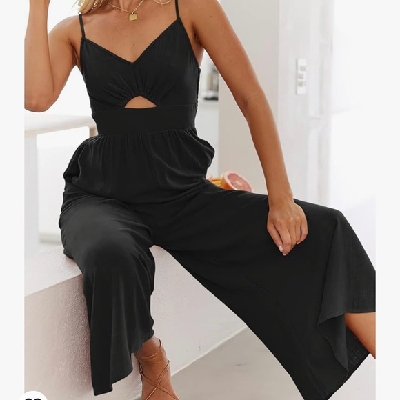 Black Linen Jumpsuit Cropped Wide Leg V-Neck Cut Out Romper Spaghetti Strap - Picture 4 of 9